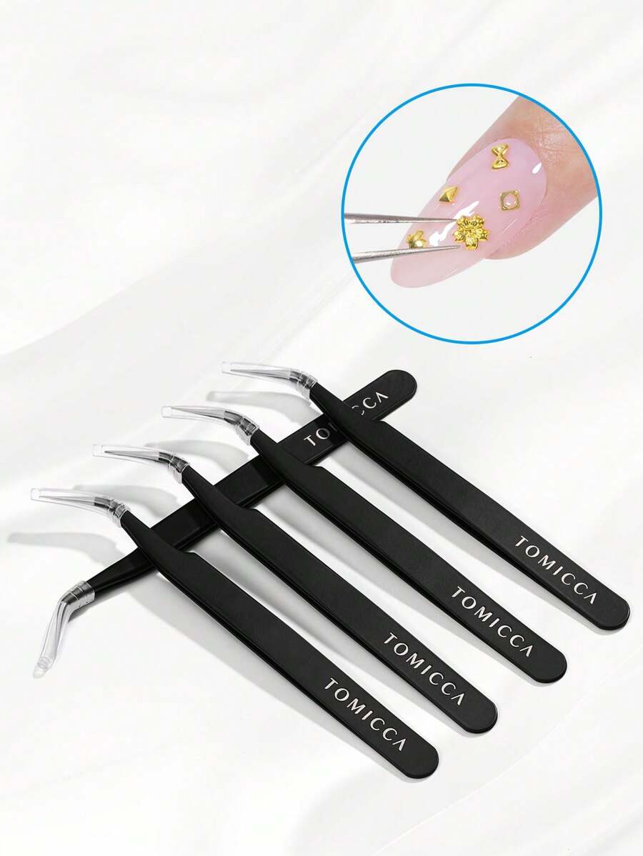 1 pièce/3 pièces/5 pièces Pince à ongles noire incurvée avec barre de pressage en silicone, outil de prise de strass pour ongles, pour le nail art, la presse à fleurs, le collage de stickers à ongles