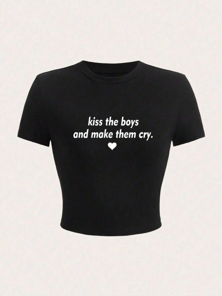 Letter Printed Short T-Shirt, Y2K Spring And Summer Short-Sleeved Crop Top, Women's