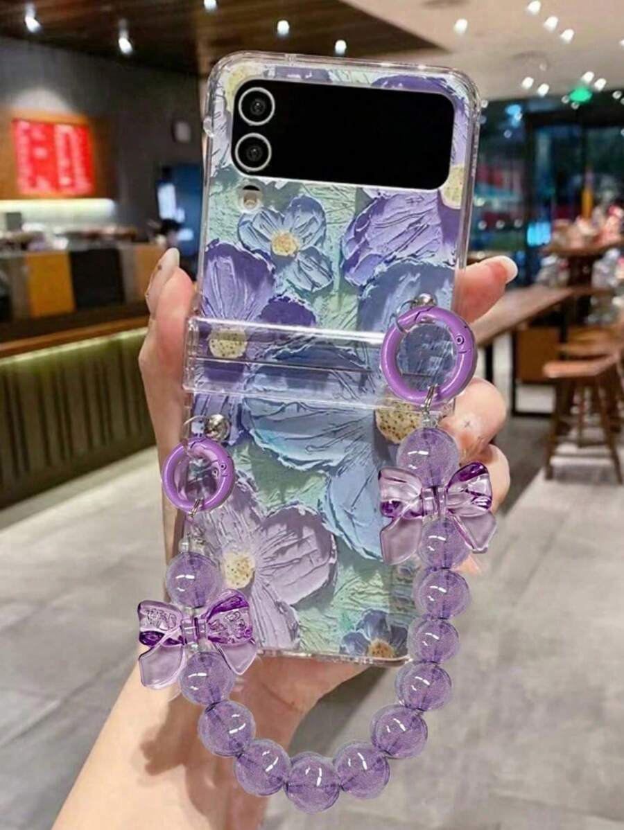 Korean Oil Painting Flower Bow Bracelet Case Compatible With Samsung Galaxy Z Flip 5 3 4 6 5G ZFlip5 ZFlip3 ZFlip4 ZFlip6 Back Cover