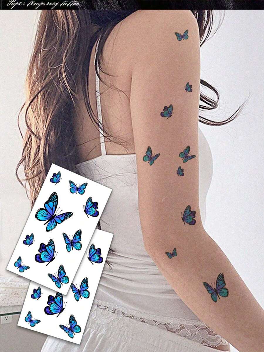 2 Pcs Waterproof Temporary Tattoos, Elegant Dynamic Blue Butterfly Design Premium Tattoo Stickers, Lasting 3-5 Days, Suitable For Men & Women To Cover Scars On Chest, Waist, Arm, Thigh Or Back, Great For Party, Gift, Holiday, Easy To Apply And Remove Disposable Body Art Tattoo Stickers