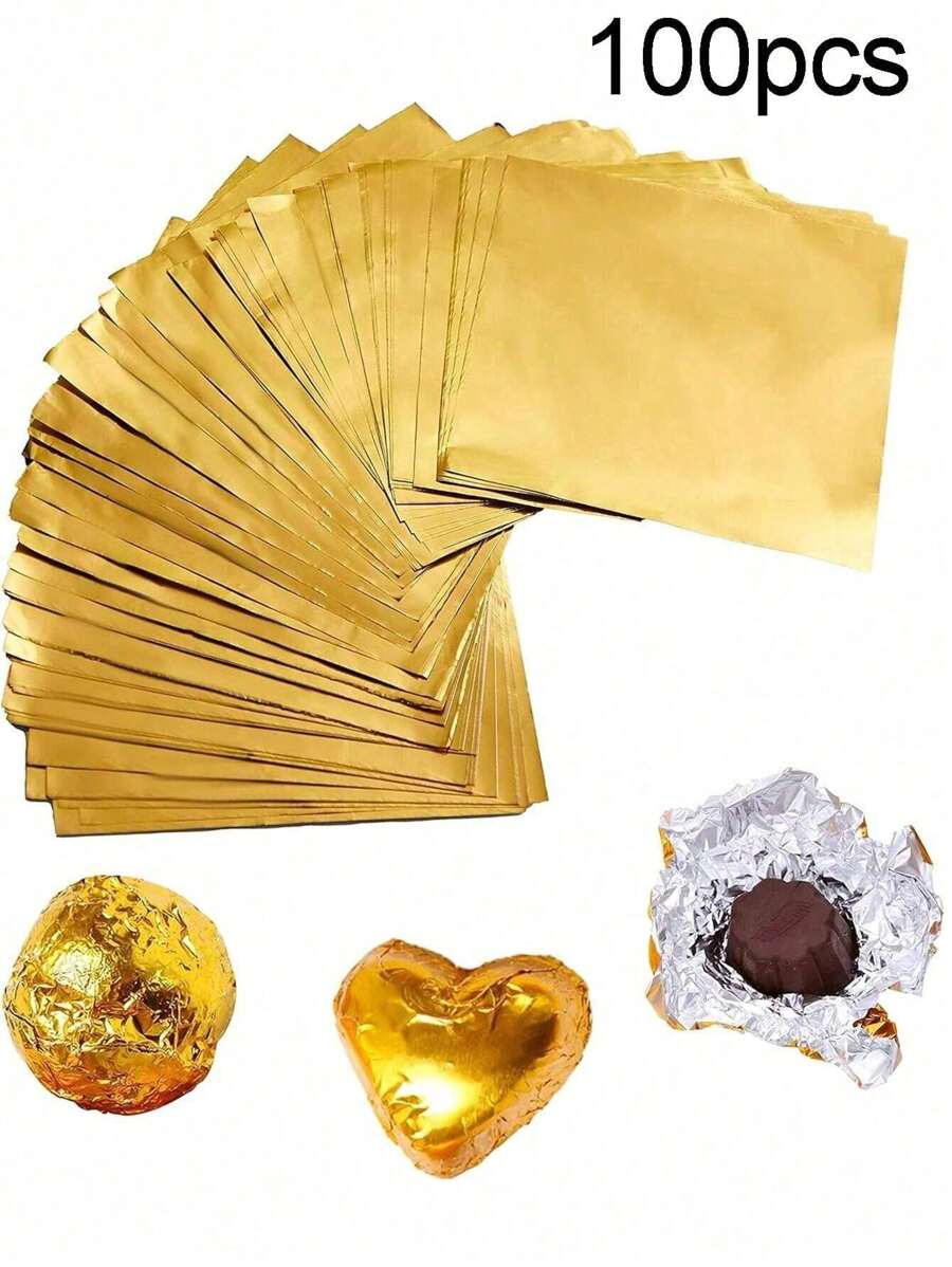 100PCS Gold Aluminum Foil Wrappers, For Chocolate Candy Packaging,DIY Party Wedding Birthday Christmas Accessories, Lollipop Card Decorations
