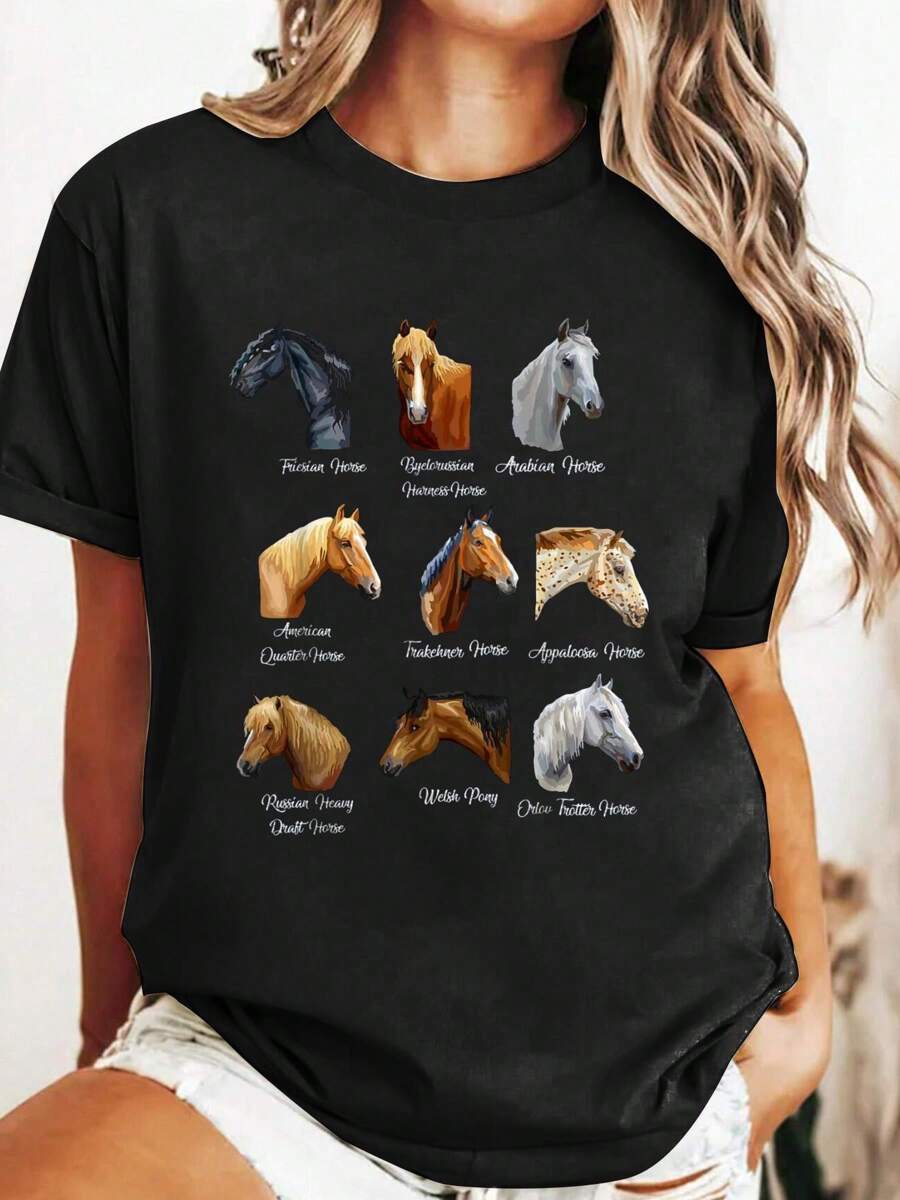 Horse Breeds Equestrian Horseback Riding Gift For Girls T-Shirt Casual Printed Cotton Women T-Shirt, Summer Short Sleeve Graphic Tee Women Tops