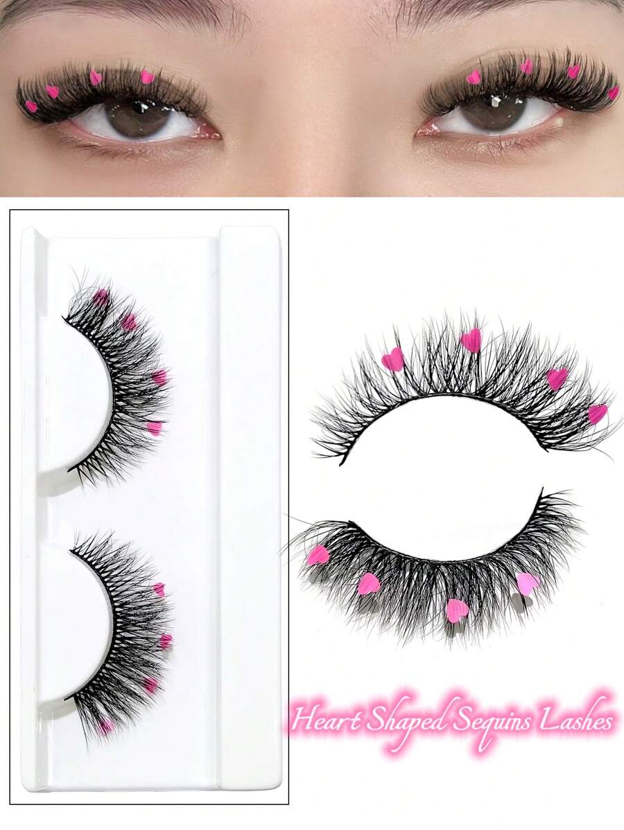 Asiteo Pestañas postizas Asiteo de San Valentín, 1 par de pestañas de ojo de gato con corazones rosas de caricatura, lentejuelas y diseño 3D de piel de marta sintética natural y esponjosa, para maquillaje de fiesta y citas