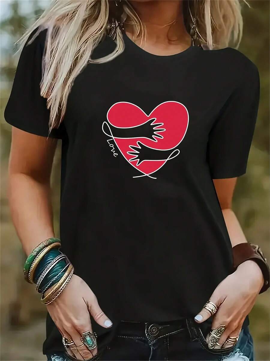 Heart Print Crew Neck TShirt, Casual Short Sleeve Top For Spring Summer, Women's Clothing