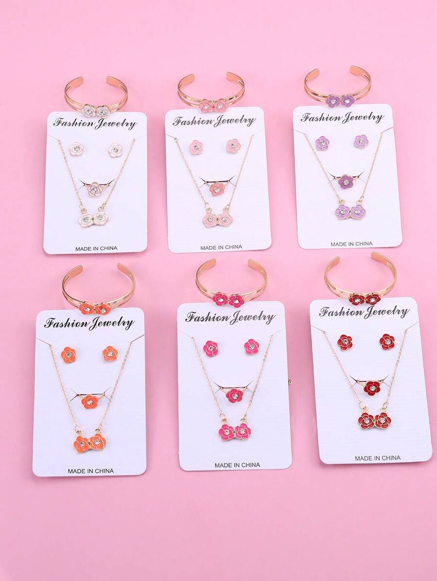 5pcs/Set Girls Flower Necklace Bracelet Earrings Ring Jewelry Set