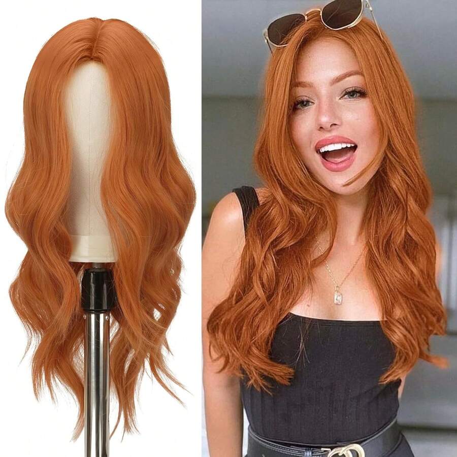 FESHFEN Cabello rubio largo y rizado, pelucas de mujer con parte central de 55 cm, pelucas sintéticas naturales, pelucas onduladas rizadas para mujer para fiesta y pelucas onduladas largas diarias.