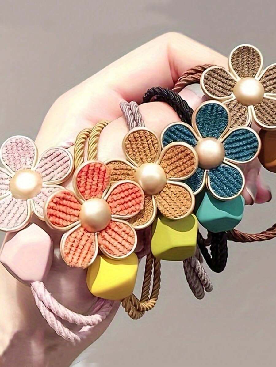 5 pezzi/set Elastici per capelli da donna in tinta unita con piccoli decorazioni floreali, accessori per capelli semplici, casual ed eleganti per raccolti, code di cavallo e frangia, adatti per uso quotidiano (possono presentare leggeri graffi, fenomeno normale)