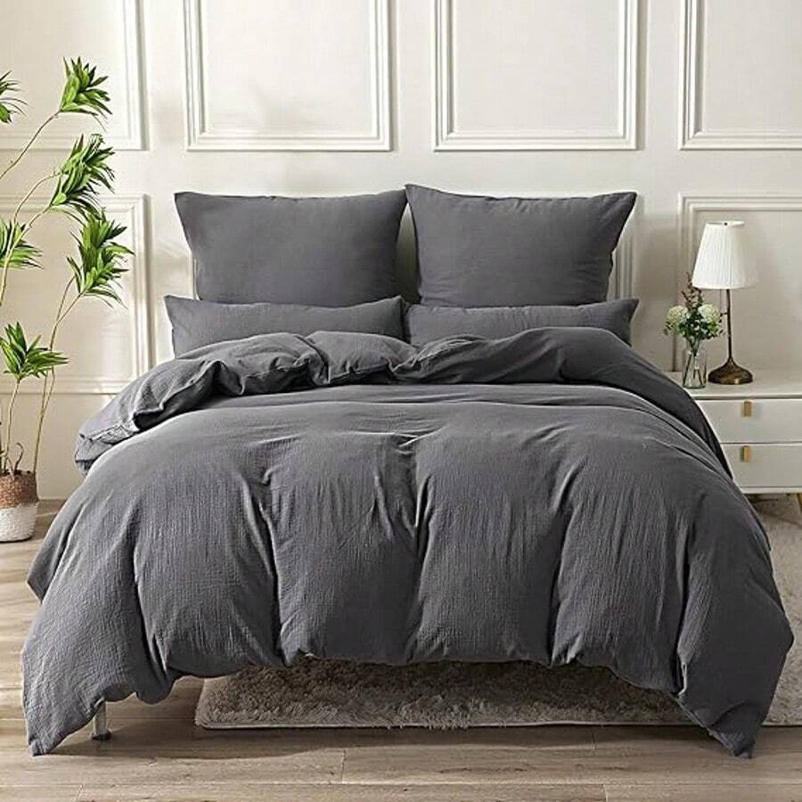 Parure de lit double en mousseline de coton gris foncé 140x200, 1 housse de couette & 1 taies d'oreiller 80x80