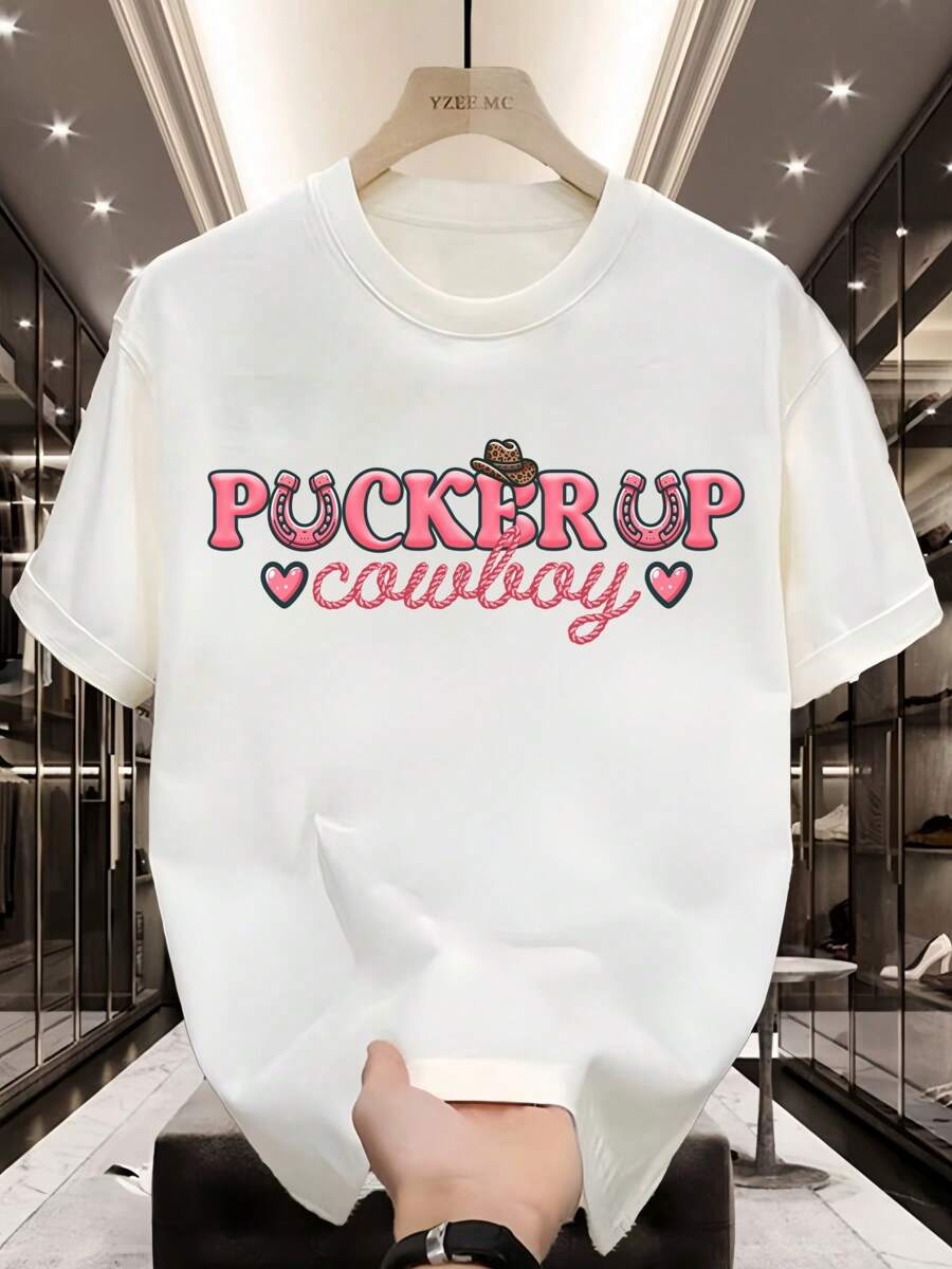 Camiseta de algodón de 220G con estampado de vaquero PUCKER UP, camiseta de algodón pesada y cómoda de estilo casual