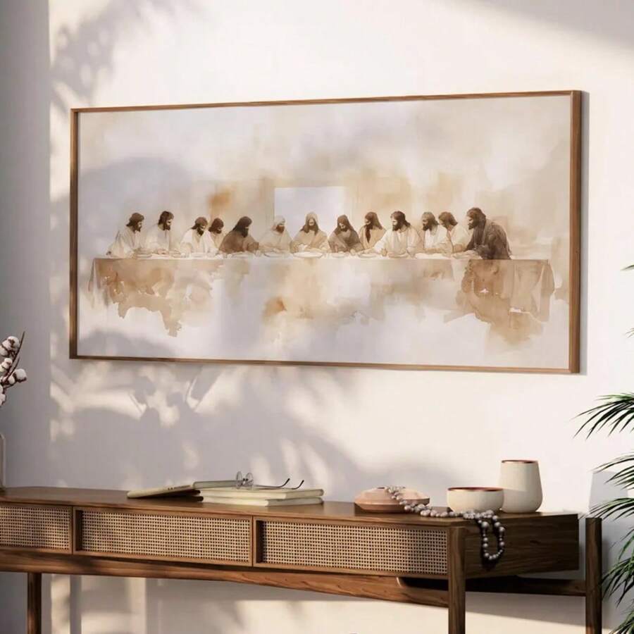 1 pieza LakelzDecor Impresión en lienzo abstracta beige minimalista "La Última Cena" - Pintura en lienzo inspirada en Leonardo Da Vinci, arte de pared horizontal grande para decoración de sala de estar y dormitorio, sin marco, arte de pastor, fe cristiana, mural grande, arte de gran tamaño, carteles