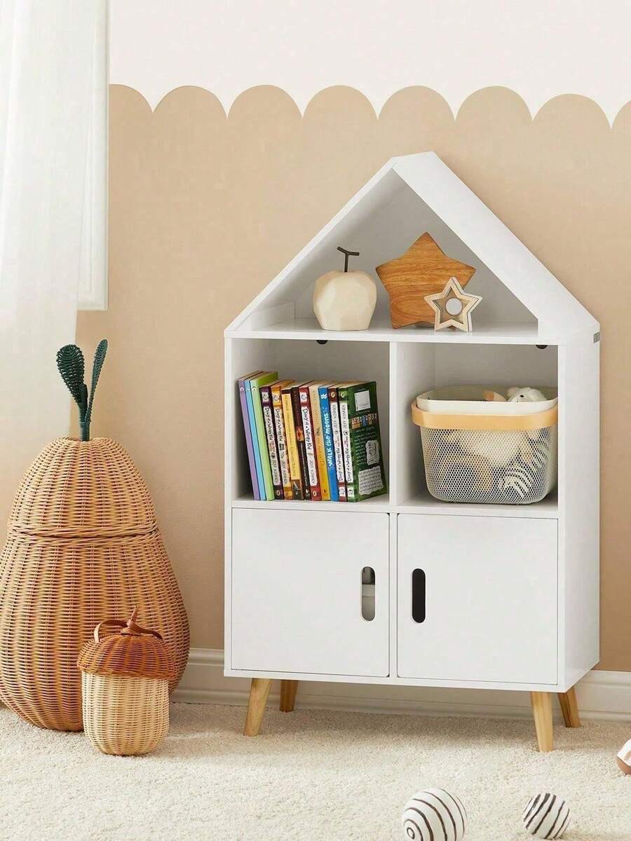 SoBuy KMB58-W KMB58-W, Huisvormig ontwerp Kinderen Boekenkast Boekenplank Speelgoedplank Opbergplank Displayplank Rek met 2 deuren en 3 opbergvakken