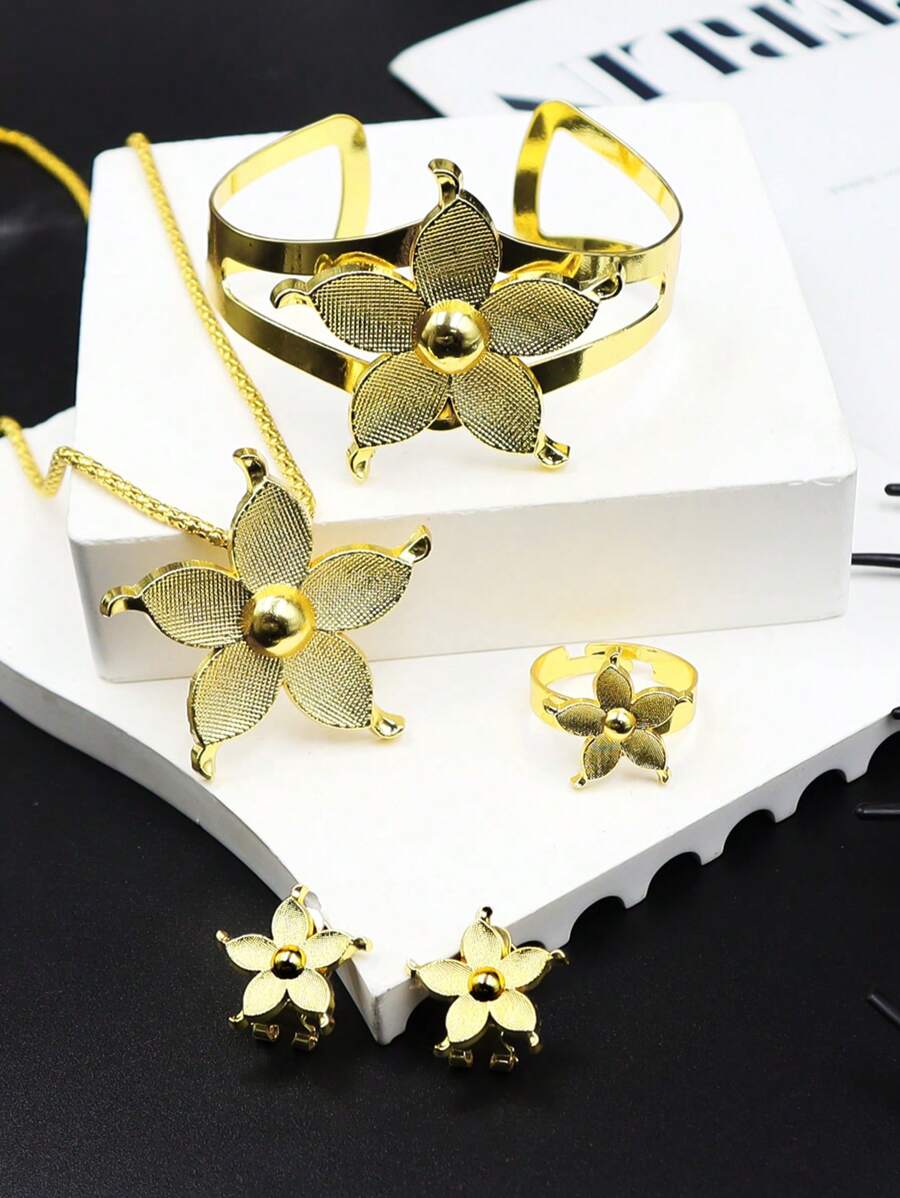 5 stuks/set Midden-Oosterse stijl gouden bloemen ketting, ring, armband, oorbellen bruidssieradenset