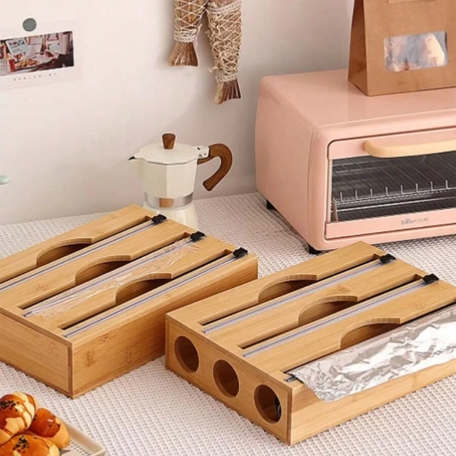 2 Fächer Küchenfolie Spender mit Alufolie Schneidebox, Bambus Frischhalte-Tüten Schneidhalter, Mehrzweck Frischhalte-Tüten Organizer Küchenhelfer