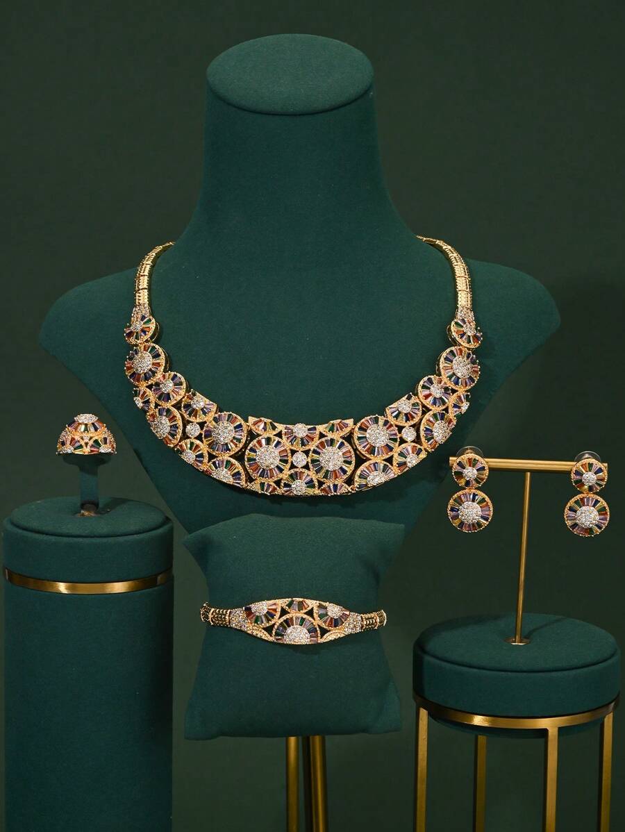 4pcs Colorful Zirconia Stone Jewelry Set For Women, Including Necklace, Earrings, Bracelet, And Ring, Exaggerated Statement Set, Suitable For Bridal, Wedding, Party, Mother's Day, Teacher's Day, Valentine's Day, Back To School Gifts