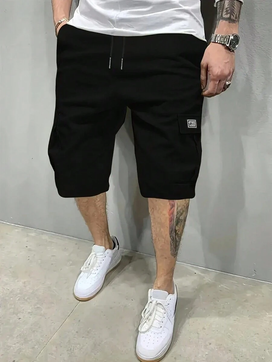 1pc Men's Outdoor Solid Color Pocket Drawstring Waist Cargo Shorts, Summer