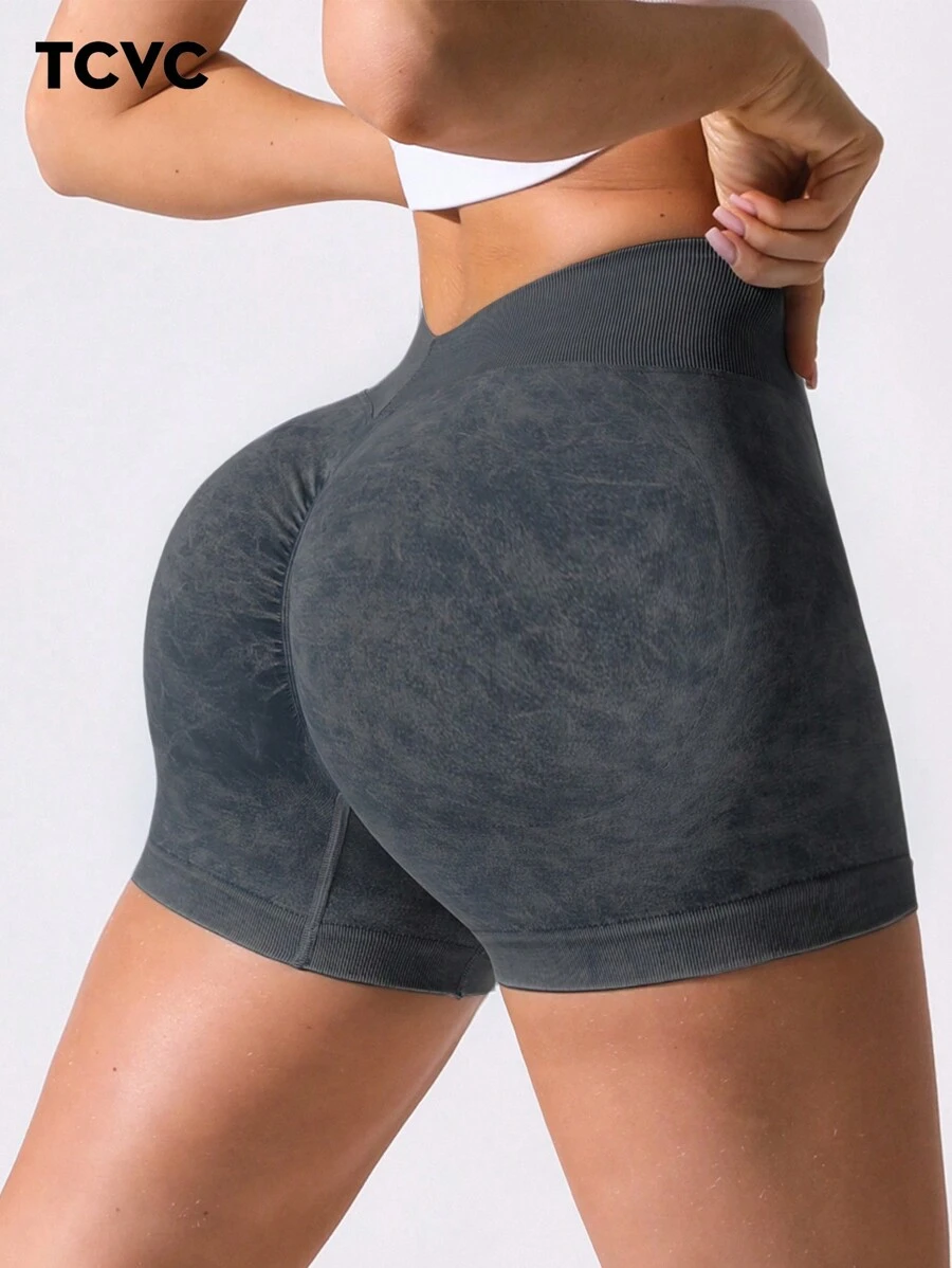 TCVC Short de yoga pour femme avec texture, taille froncée en V, peau amicale et polyvalent, haute élasticité pour soulever le ventre et les fesses, short de sport/yoga d'intérieur et d'extérieur