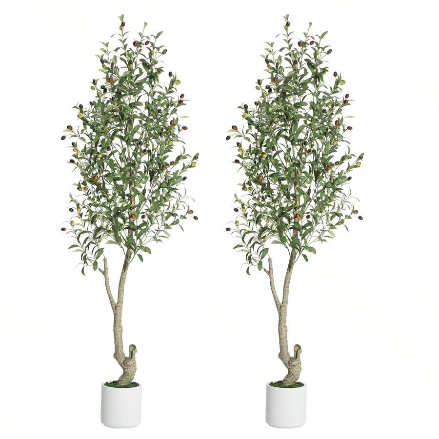 Broadfashion Artificial Olive Trees, 5/6/7 Ft Tall Fake Olive Trees For Indoor, Faux Olive Silk Tree, Large Olive Plants With White Planter For Home Decor And Housewarming Gift, 1/2Pack