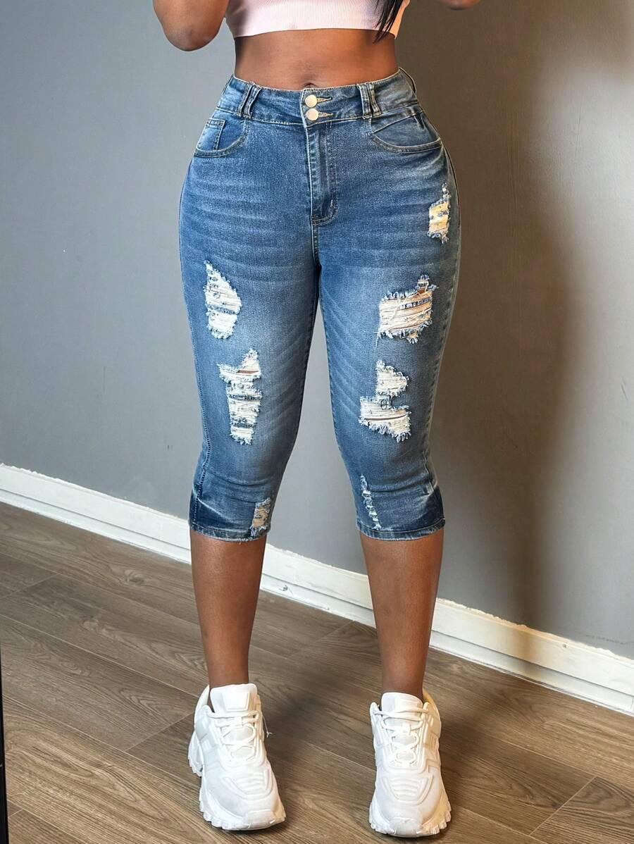 Women's Cropped High Waisted Ripped Tight Jeans Elastic Denim Cropped Pants With Pockets