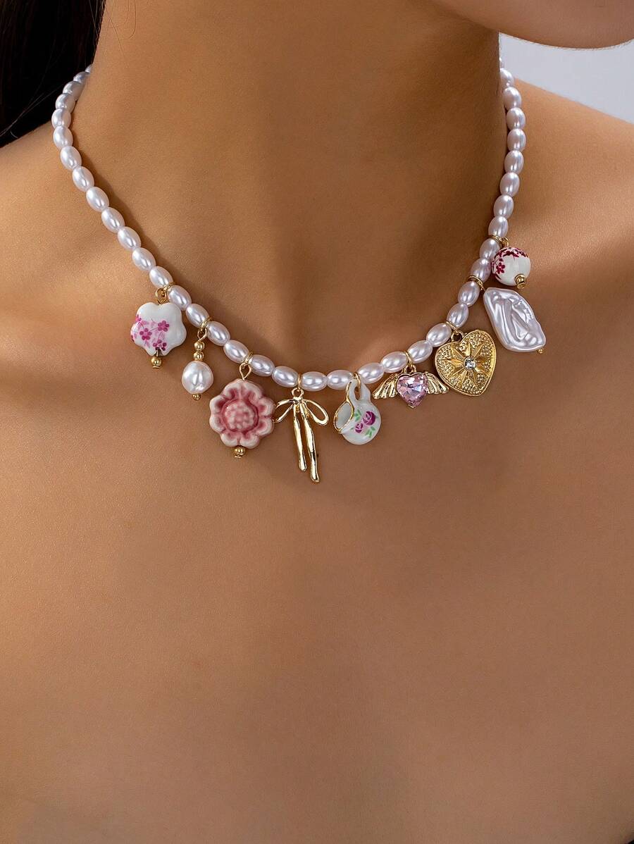 1pc Ceramic Flower Tea Cup & Bow Heart Pendant Necklace For Women, Faux Pearl Beaded Charm Necklace, Charm Jewelry, Lucky Charm Necklace (Handmade Ceramic With Random Color & Pattern)