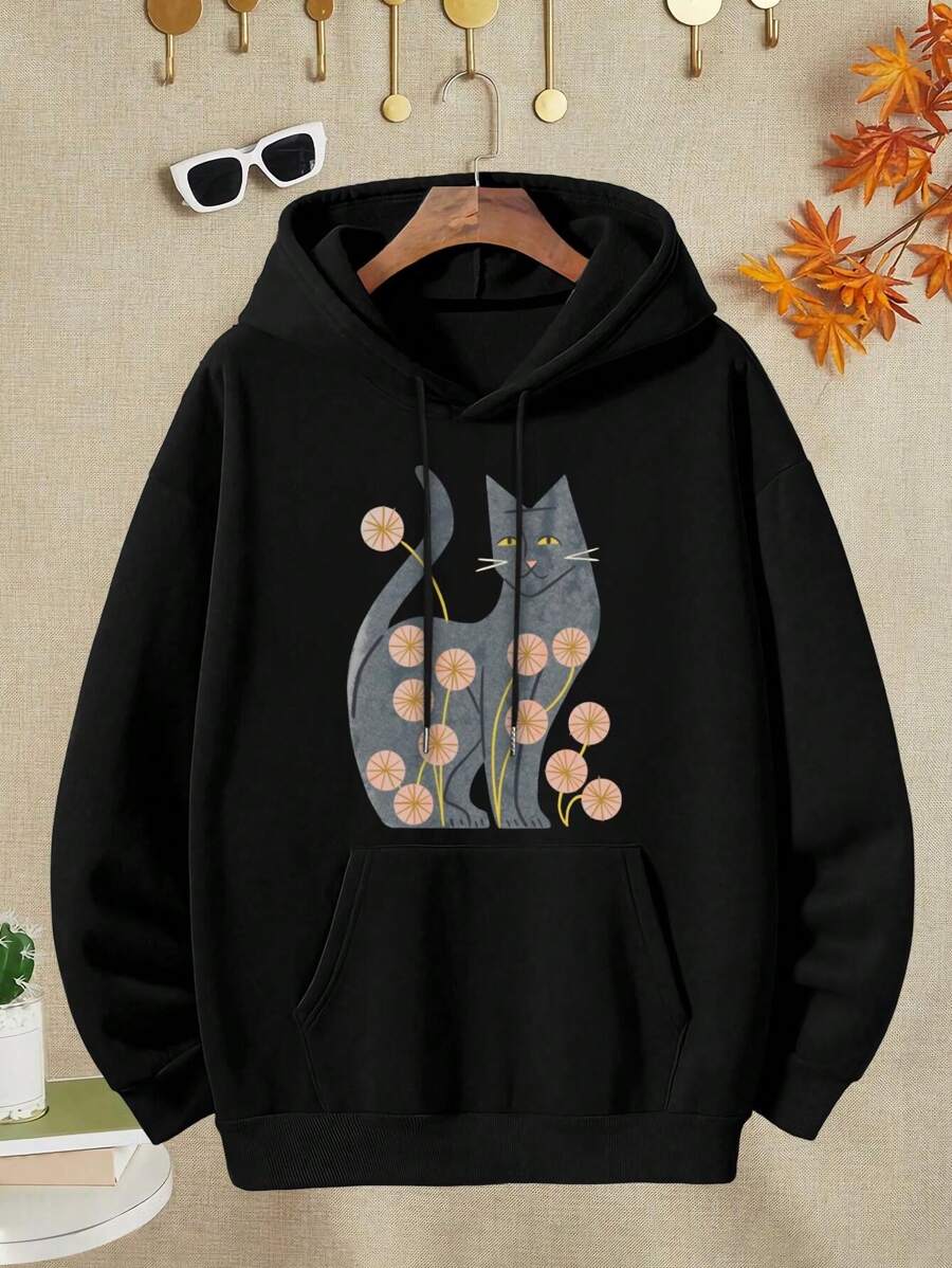 Gray Cat And Pink Flowers A Minimalist Modern Illustration Of A Stylized Gray Cat With Clean Lines Against A Black Background Featuring Whimsical Textures And Yellow Eyes For Women's Hoodies