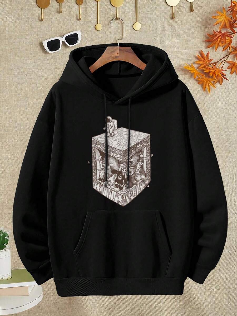 On 1969 Astronaut Creatures In A Monochromatic Cube - A Detailed Playful Surreal And Whimsical Sketch For Women's Hoodies