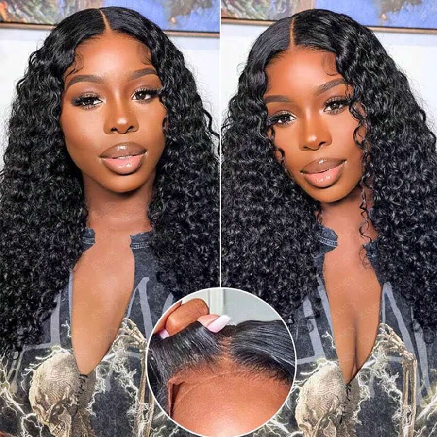 Realove Deep Curly Human Hair Wig 6X5 Glueless Wigs Human Hair Pre Plucked Pre Cut Bleach Knots Kinky Curly Wear And Go Glueless Wig Deep Curly HD Lace Wig 200% Density Glueless Curly Wig 34 Inch