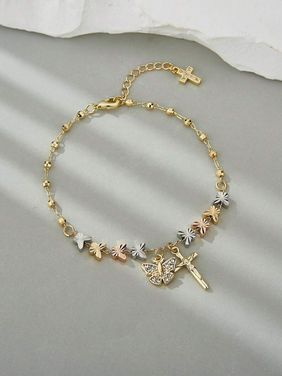 1 Peça Pulseira com Pingente de Borboleta e Cruz de Design Bonito e Minimalista em Três Cores para Meninas/Mulheres