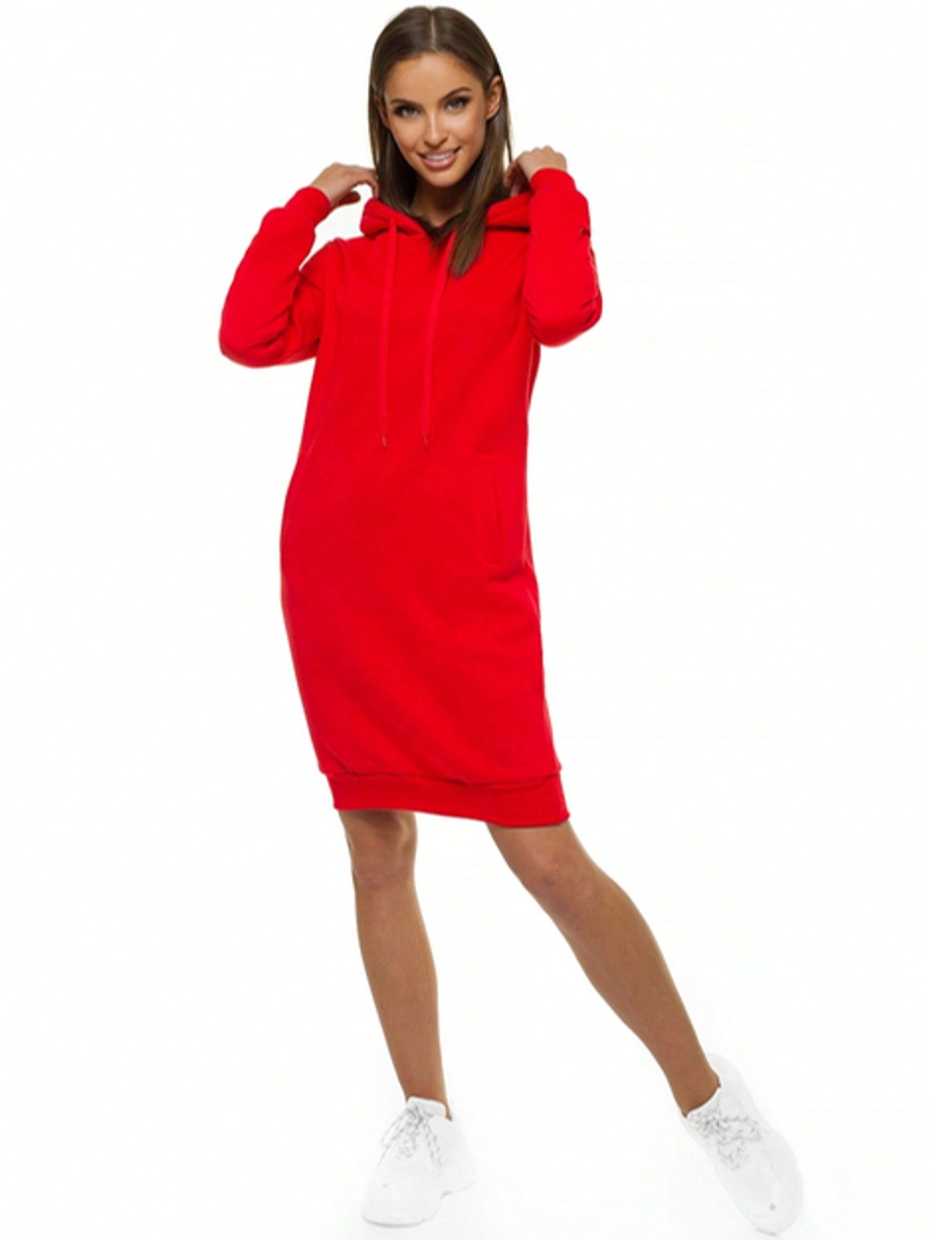 Vestito con cappuccio a tinta unita a maniche lunghe da donna, stile minimalista, adatto per l'uso casual quotidiano