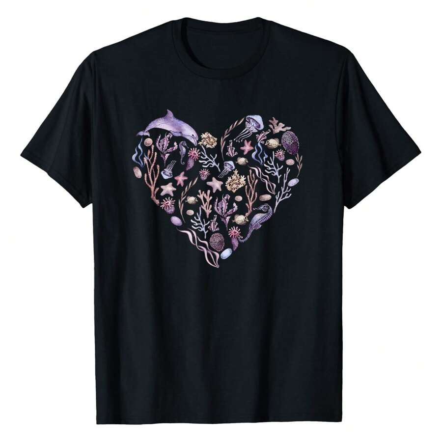 Under The Sea Life, Heart Design Ocean Animals, Plants Art T-Shirt, Women's Printed T-Shirt 220g, 100% Cotton, Retro Fashion Street Women's Short Sleeves, Round Neck Casual Women's Outdoor Short Sleeves, Daily Four Seasons Wear, Holiday Gifts