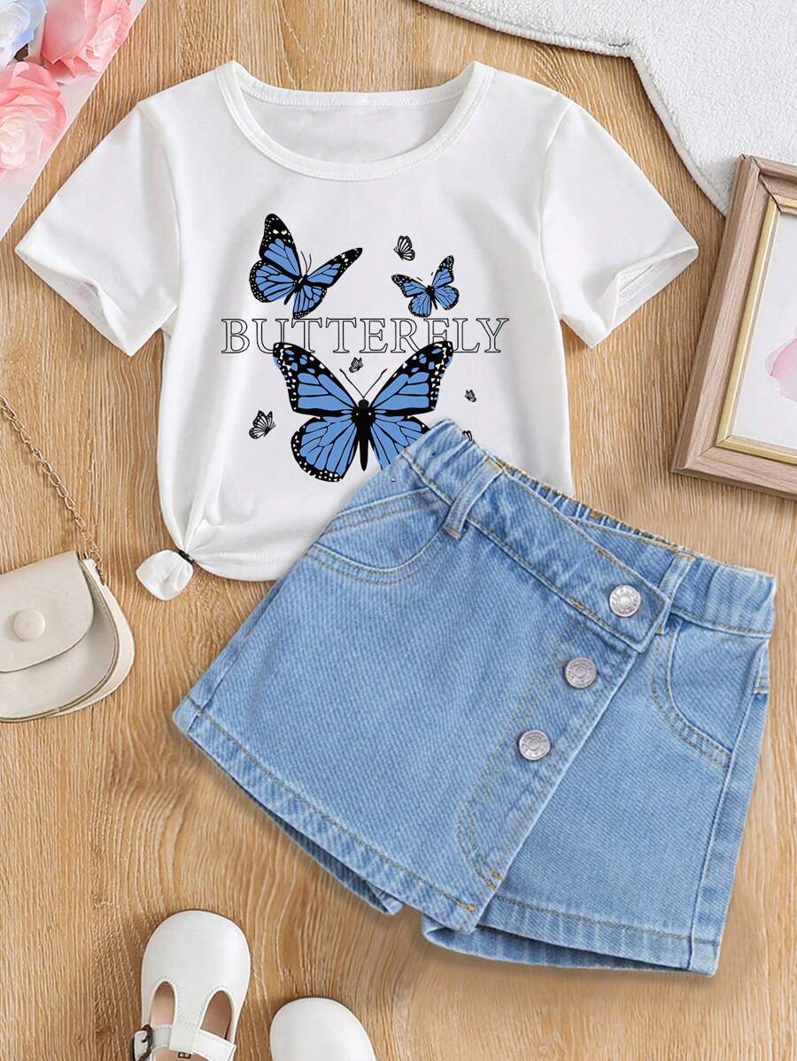 Tween Girls Butterfly Print Short Sleeve T-Shirt And Denim Shorts Set