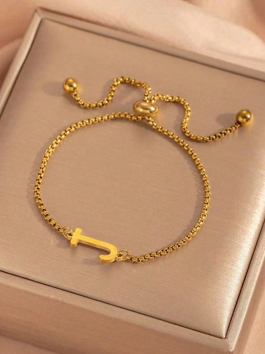 26 pièces Bracelet ajustable avec perles à lettre initiale, bracelets en acier inoxydable de couleur dorée convenant pour le port quotidien des femmes