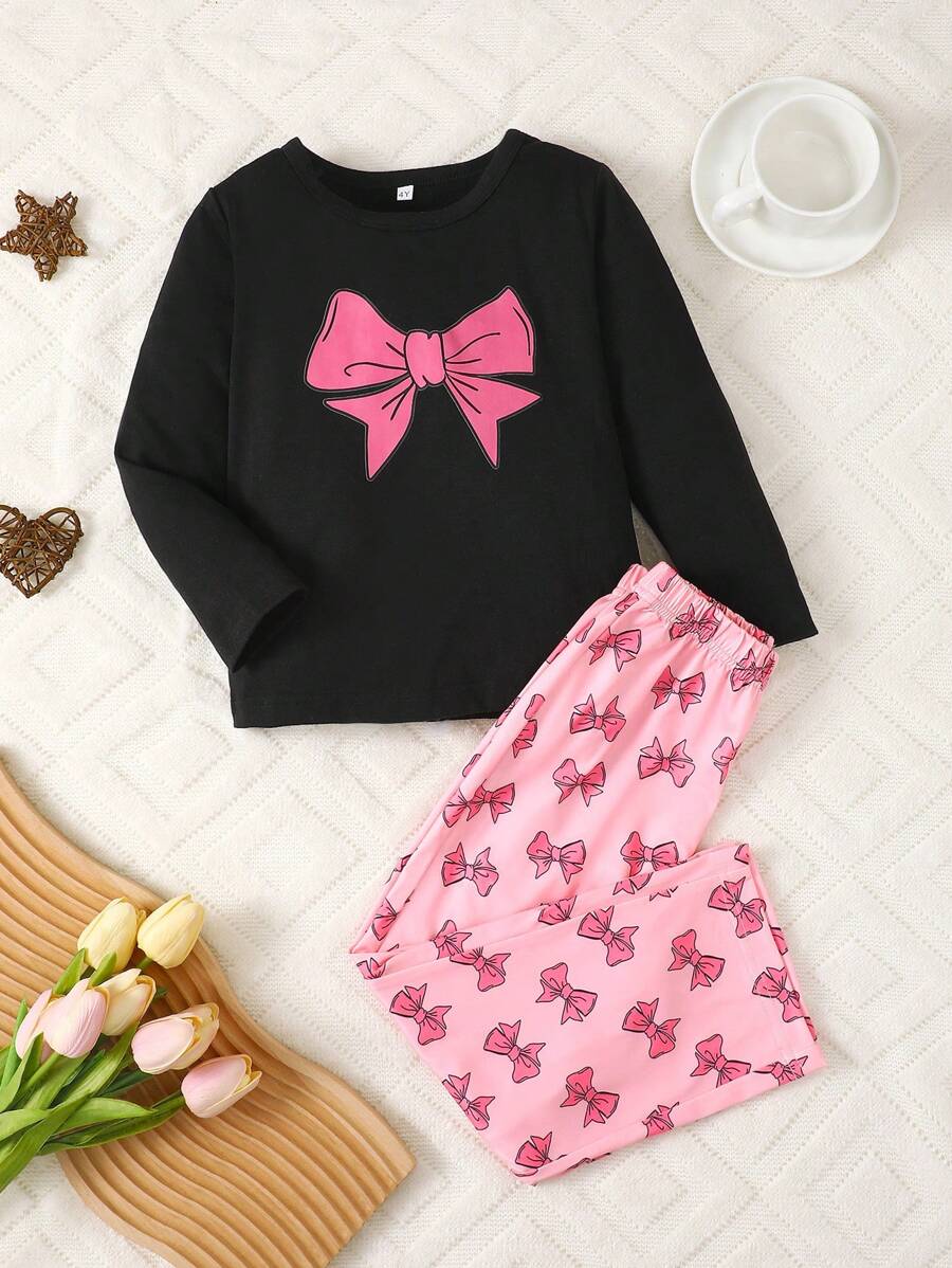 2pcs/Set Girls Casual Butterfly Pattern Print Long Sleeve T-Shirt Outfit, Summer