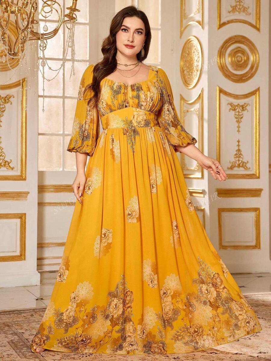 SUPGIR Plus Size Random Cut Floral Print Sweetheart Neck Long Lantern Sleeve Chiffon Elegant Midi Dress, Party Dress, Wedding Guest Dress, Formal Dress, Evening Dress,Gown