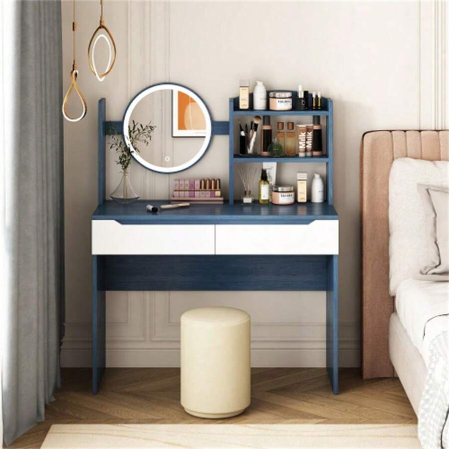 31.5" Makeup Vanity Table Set With HD Mirror, Cushion Stool And Large Drawers, Makeup Dressing Desk Furniture For Apartment Bedroom/Girls Gift Blue