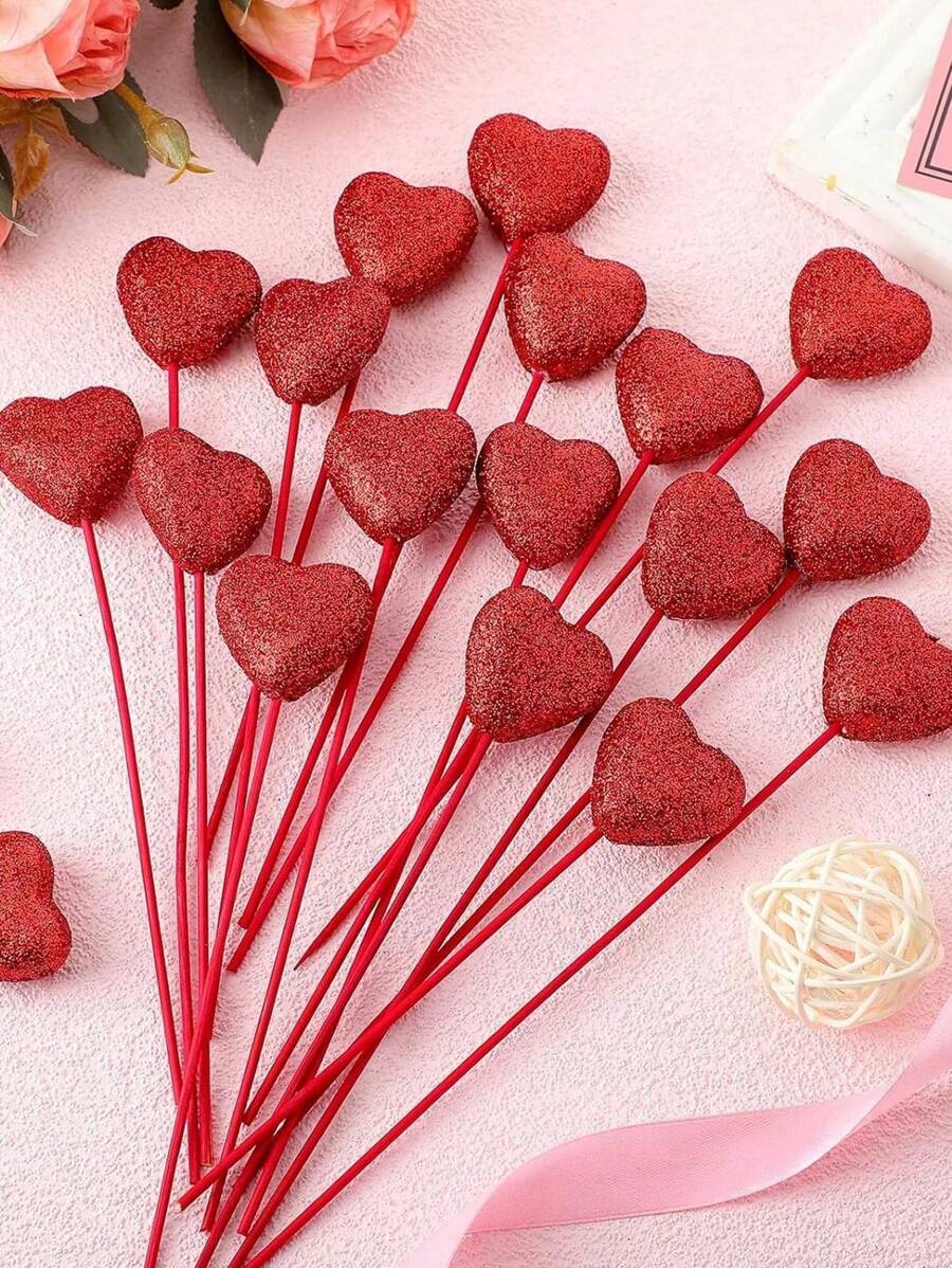 50PCS Valentine Glitter Foam Hearts Picks Sparkly Foam Hearts Stems Wooden Glitter Heart Picks Puffy Heart Picks Or Valentine Decorations And Flower Arrangements