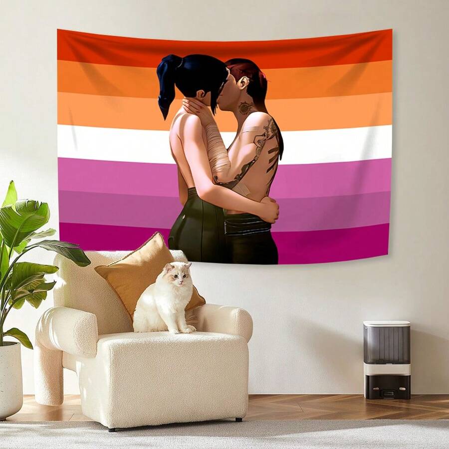 Arazzo/Tappezzeria a bandiera arcobaleno rosa raffigurante Caitlyn, stile lesbo arcano, per decoro da parete di camera da letto o sala universitaria, banner d'arte, coperta vintage, decorazione d'interni estetica
