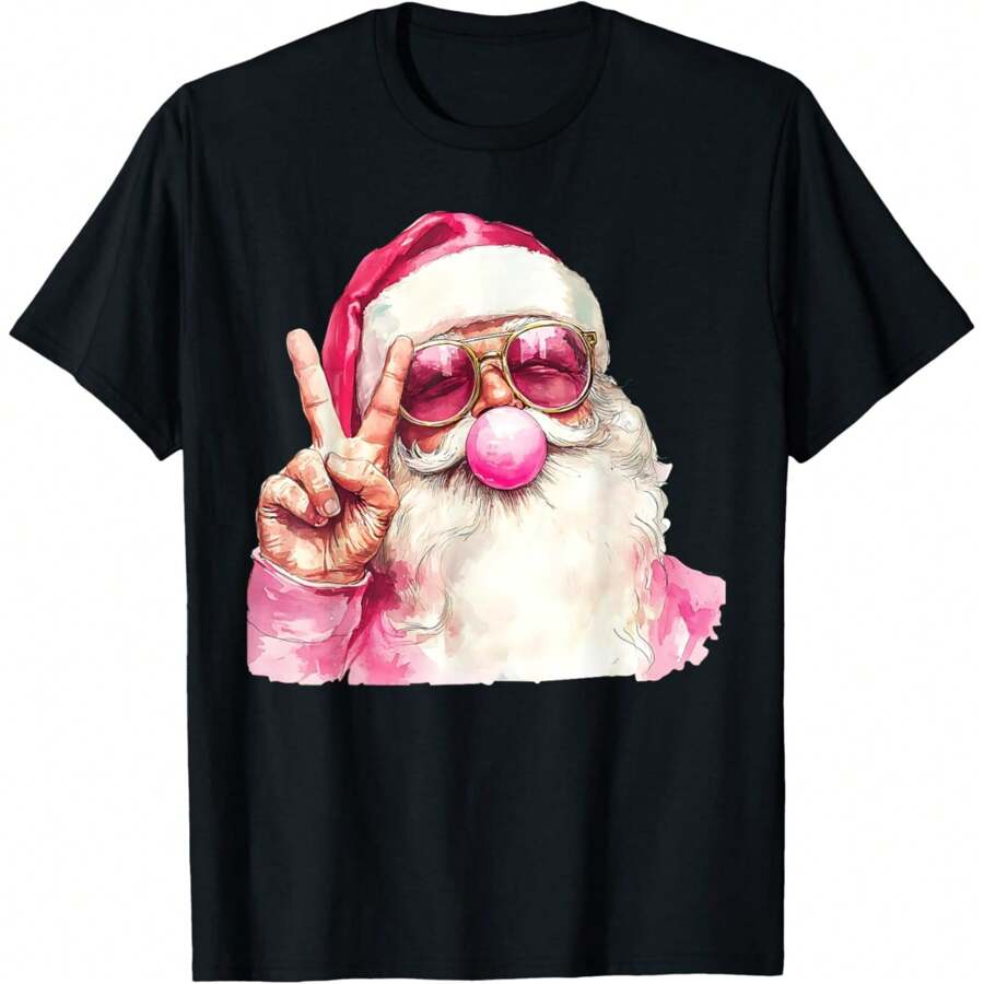 Retro Santa Christmas Blowing Bubble Cool Santa Peace Sign T-Shirt