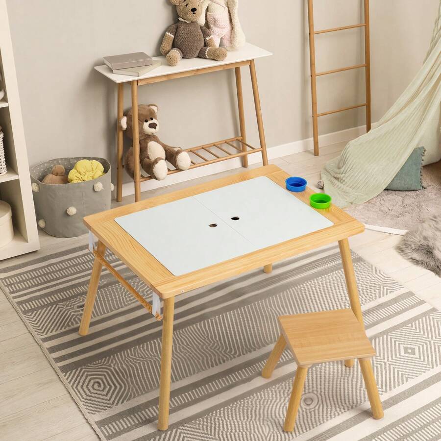 Children's Sensory Table With Stool, Kids Activity Table With 2 Storage Bins & 2 Pen Holders & Paper Roll, Multifunction Toddler Table For Play Study Dining Reading Arts Crafts, Wood