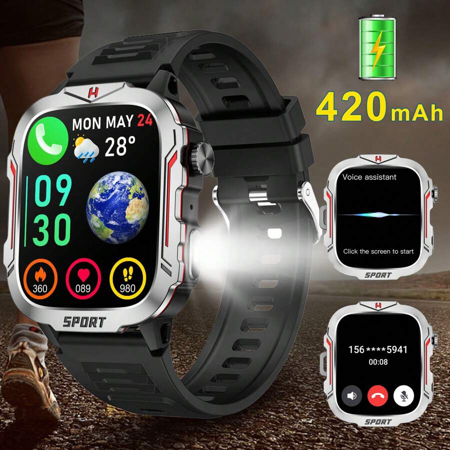 LIVLOV Smart Watch With Flashlight/ SOS Modes For IPhone Android, 1.96'' HD Screen Sport Fitness Tracker With 420mAh Battery, Answer/Make Calls, AI Voice, Waterproof Watch With 100+ Sports, Sleep Monitor, Pedometer, Games, Smartwatches For Men And Women
