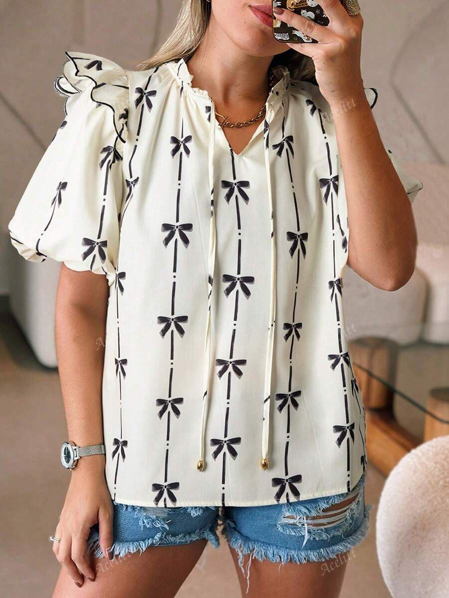Acelitt Blusa con scollo a V arricciata con ruches, maniche a palloncino, decorata con fiocco e stampa, colore beige