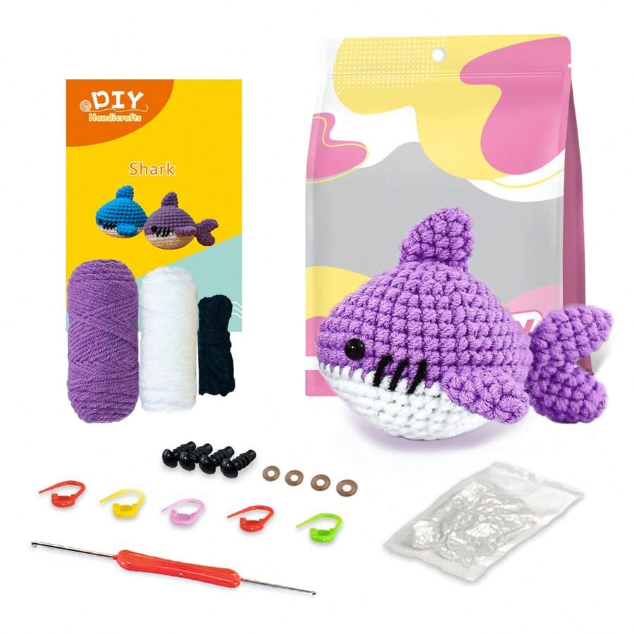 Kit de ganchillo Jeslon para principiantes - Pequeño tiburón lindo para kit de ganchillo inicial para tus mascotas, todo lo que necesitas con tutoriales en video paso a paso, instrucciones, regalo de cumpleaños - Pequeño tiburón