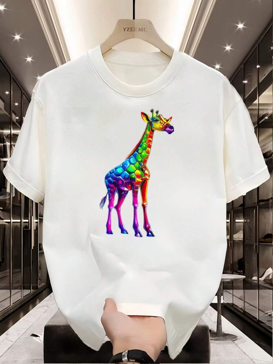 220g Heavy Cotton Tee - Colorful Giraffe Art Graphic, Unisex Streetwear