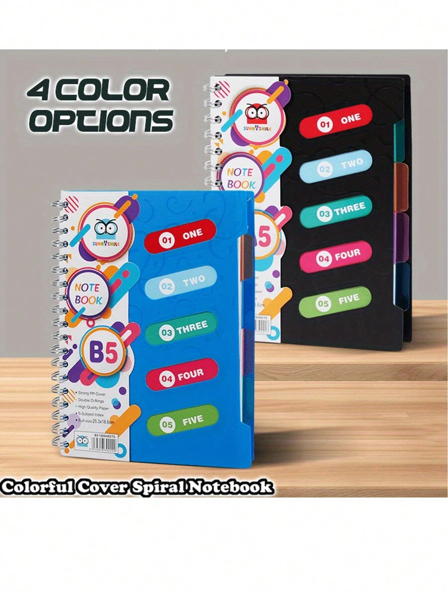 120 Page Spiral Notebook - Ultra Thick 5-Themed PP Separated Notebook With Color Cover - A5 Available In Four Colors