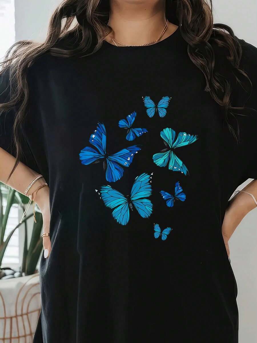 100% Cotton Blue Butterfly Swarm Lover Entomologist Women T Shirt, Short Sleeve Round Neck Casual Top For Summer & Spring, Women's Clothing