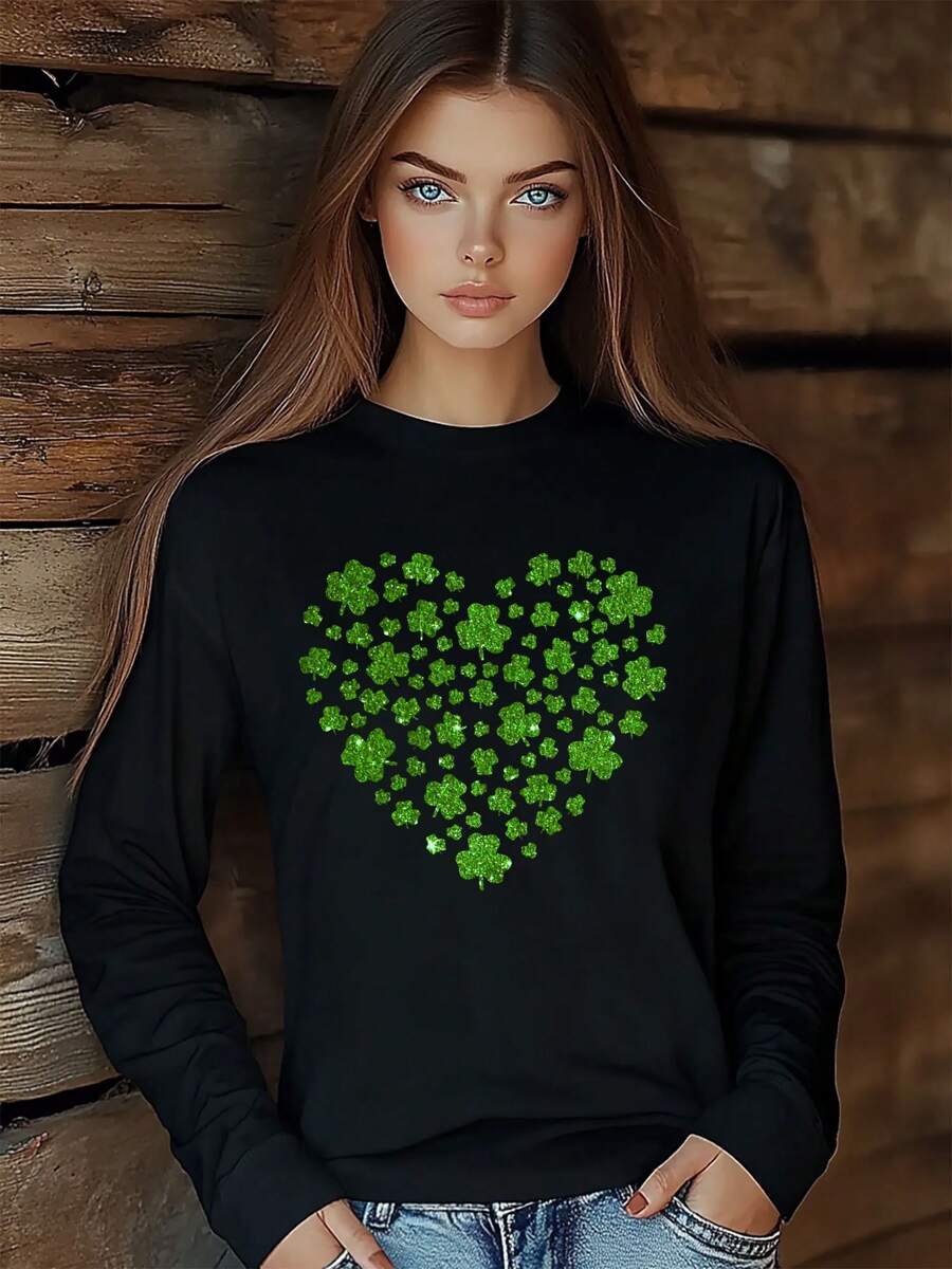 Women Valentine's Day Love Heart Clover T-Shirt Fashion Print Long Sleeve Round-Neck Loose Fit Tops Streetwear