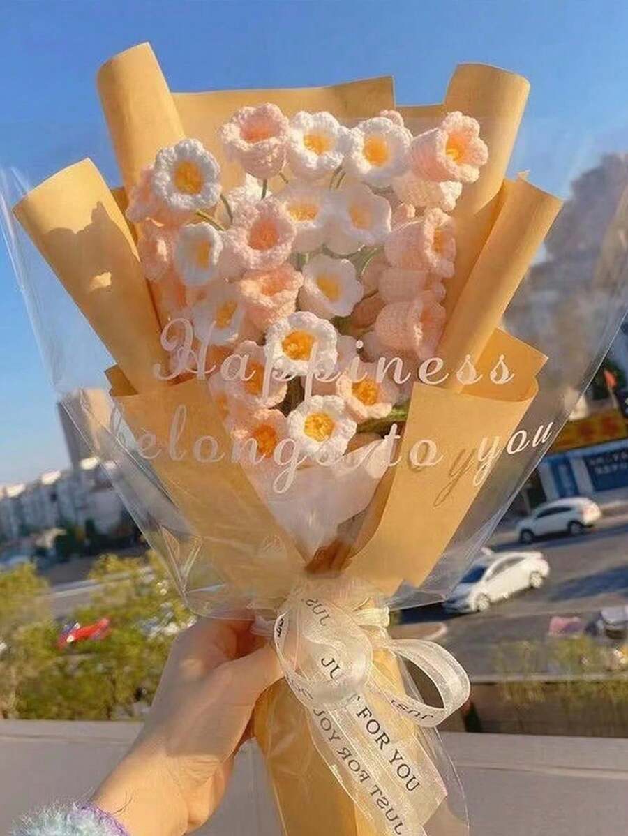 3Pcs Artificial Tulips Flowers,Knitting Crochet Flower Bouquet, Completed Handmade Tulips Bouquet For Home Decoration And Valentine's Day Birthday Wedding Home Party Decoration Gift