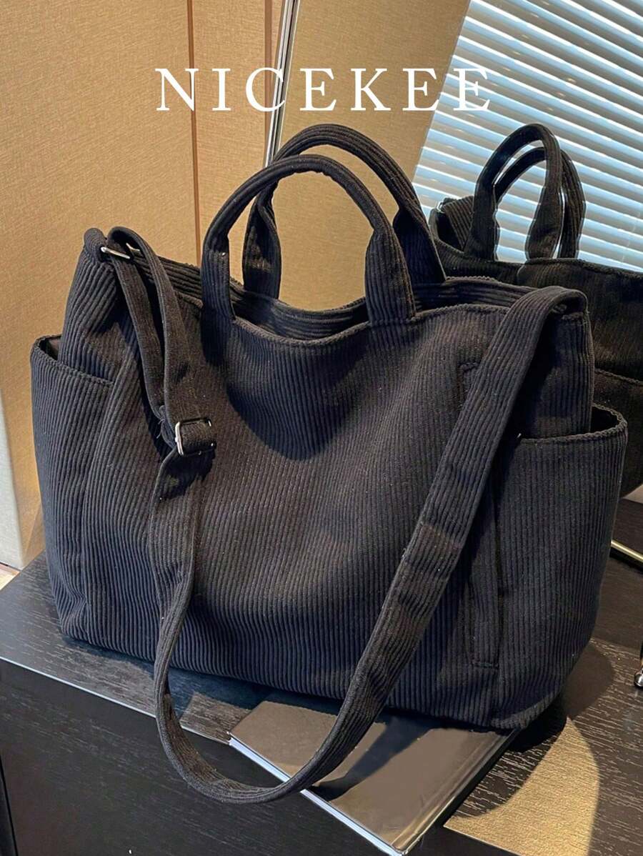 Bolso de hombro de unicolor versátil y sencillo para mujer, bolso tipo hobo de pana casual con múltiples bolsillos de gran capacidad, bolso de cubo cruzado, bolso de saco vintage para viajes al aire libre, trabajo y compras, puede contener iPad