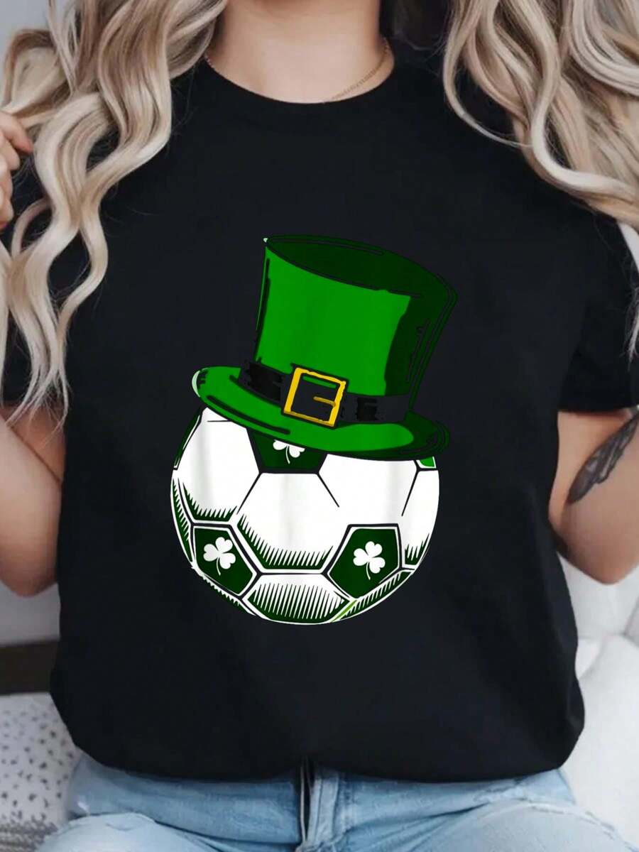 100% Cotton St Patrick's Day Soccer Ball Leprechaun Shamrock Boys Kids T-Shirt Print Round Neck Short Sleeve T-Shirt For Women Casual, Summer, Women Top Graphic Tees Women Tops