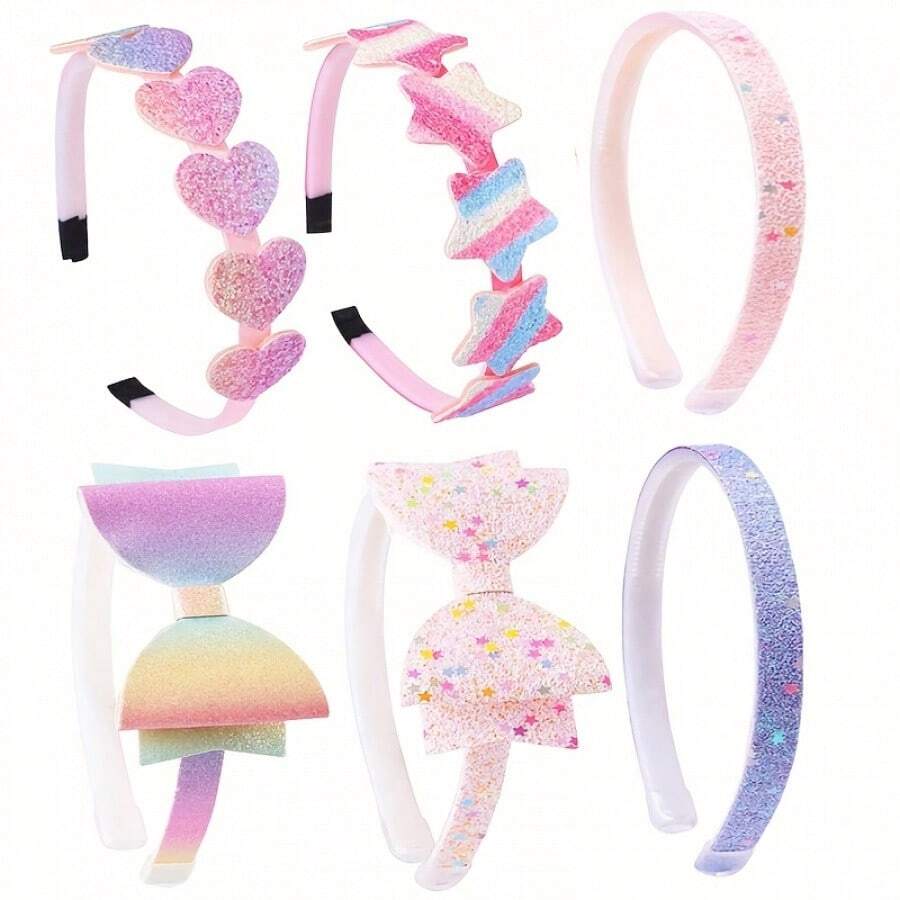 Aa-6pcs Sparkle & Shine Hairbands For Girls - Adorable Glitter Hearts, Stars & Bows, Stretchable Fabric Headbands In Pastel Candy Colors - Comfort Fit, No Slip Design, Hair Accessories For Girls-2025 Home Bathroom Decor Summer