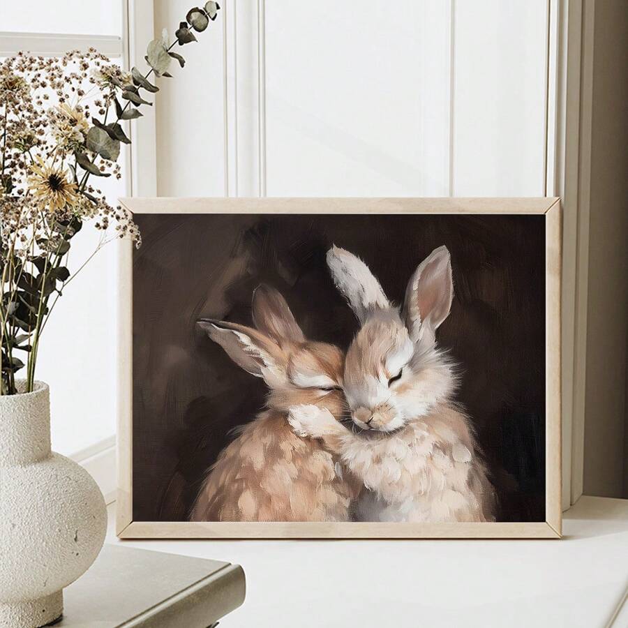 1 pieza, Pintura colgante de lienzo, Pintura decorativa enmarcada, Póster, Arte de pared, Pascua, Conejito lindo, Pintura al óleo vintage, Arte de pared de conejito lindo Pintura al óleo, Impresión vintage antigua, Póster de conejito, Decoración de hogar Mural, Fácil de colgar, Adecuado para habitación, sala de estar, pasillo, decoración de pared de dormitorio